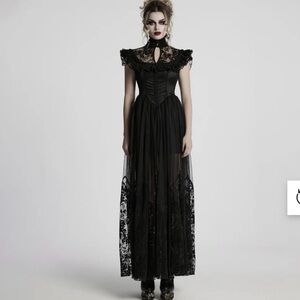 Punk Rave Gothic Dress Black Lace Corset High Collar Victorian Medium NWT